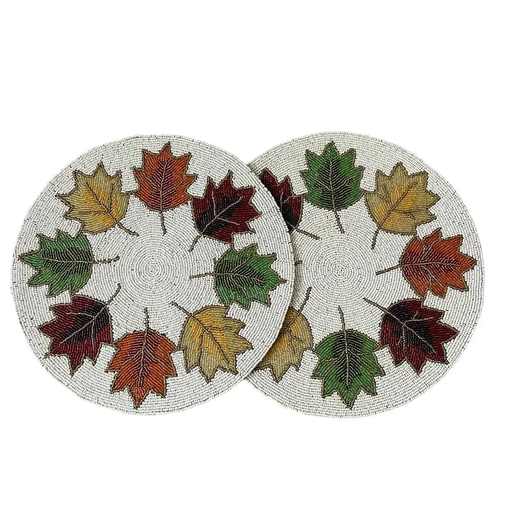 2pc NICOLE MILLER Beaded Fall Leaves 15in Round Placemat Charger Multicolor NEW